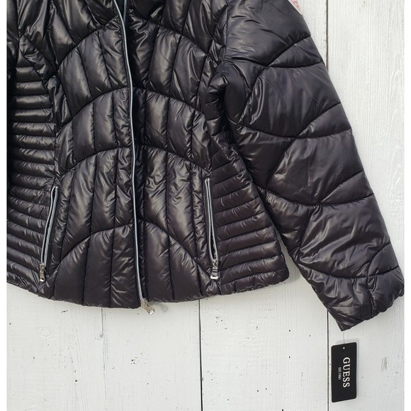 GUESS Shiny Womens Size XL BLACK Quilted Full Zip Pockets Puffer Jacket NEW - Picture 4 of 13